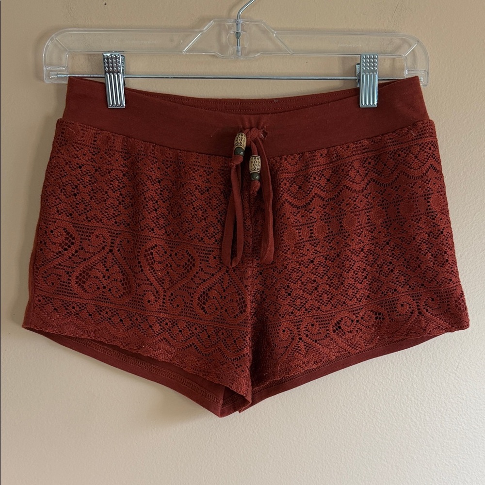 No Boundaries Crochet Lace Drawstring Shorts - Rust